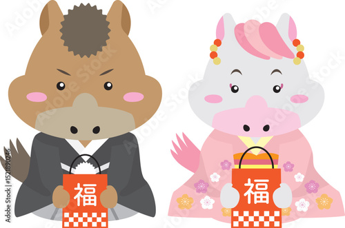 福袋を持った着物の馬キャラで迎える2026年の正月