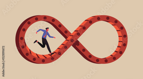 Office worker endlessly running on infinity shaped treadmill, concept of burnout, exhaustion, overwork, and being trapped in the repetitive cycle of modern professional life, flat vector illustration