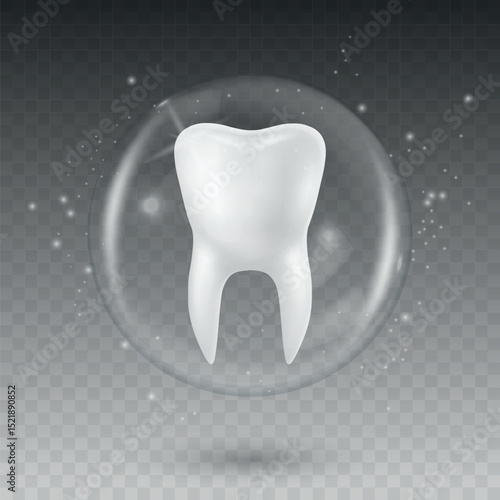 Vector 3D Realistic Tooth in a Protective Bubble Icon Isolated. Design Template, Clipart. Dentistry, Healthcare, Medical, Hygiene, Protection Concept