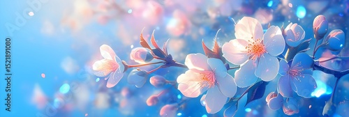 Close-up of delicate white cherry blossoms on a branch with soft, glowing petals against a vibrant blue sky. Concept of spring, renewal, nature, growth, and beauty for backdrop designs.