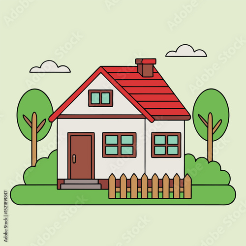 Simple cartoon house with trees and fence illustrating suburban home ownership