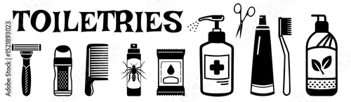 Toiletries icon set for travel kit and personal hygiene concept
