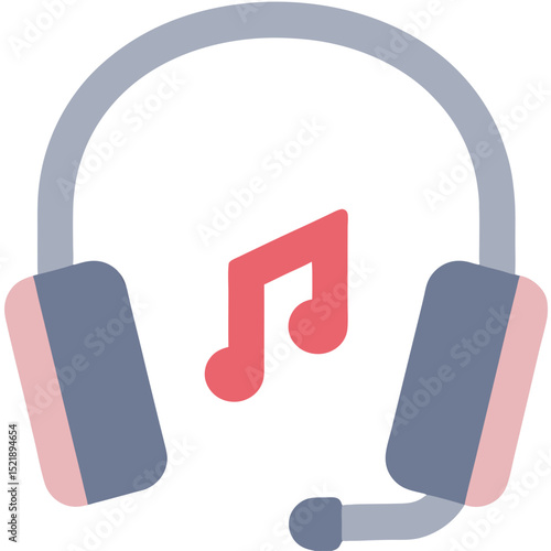 Headphones Listen to Music: Graphic Illustration with Red Note, Entertainment Concept, Isolated on White, Flat Design, vector illustration, audio equipment, simple icon