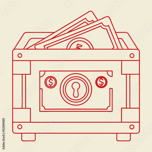 A simple red outline illustration of a cash box filled with us dollar bills