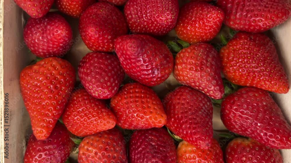 Ripe strawberries arranged in wooden crate top viewed with tracking shot Ripe strawberries arranged in wooden crate top viewed with tracking shot