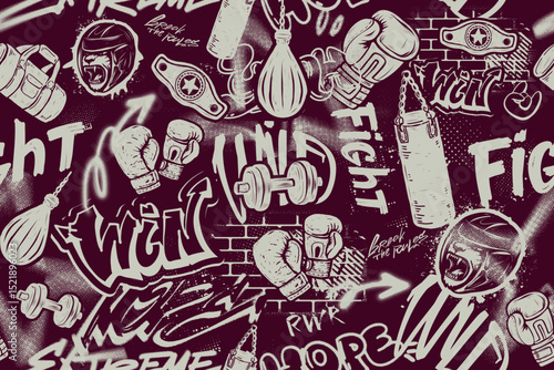 Seamless graffiti-style pattern with boxing gloves, punching bag, dumbbells, kettlebell, helmet, winner belt, lion mouth, tiger jaws, bold slogans, and brick wall background. Vector. Grunge street art