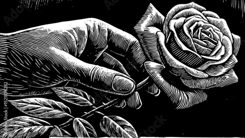 A black and white sketch vector of a hand holding a blooming rose