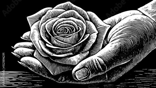 A black and white sketch vector of a hand holding a blooming rose