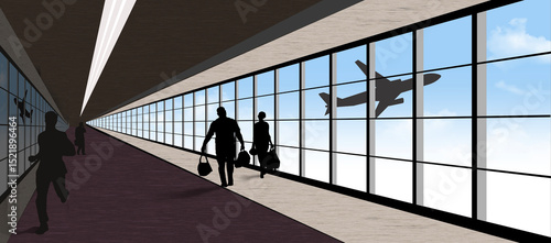Photography Long walks in airports is the theme of this travel illustration showing  the inside of an airport terminal