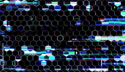 Recurring glitch pulses distorting hex grid into fragmented symmetrical disarray