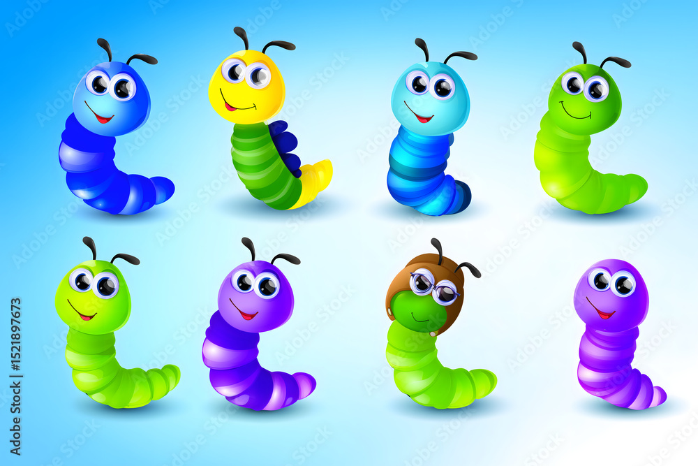 Fototapeta premium Funny Cartoon Worm Characters – Colorful Cute Bait Worms with Big Eyes and Smiles