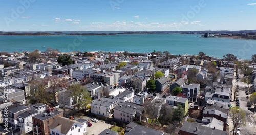Aerial View of South Boston Homes and M Street Beach on a Sunny Spring Day