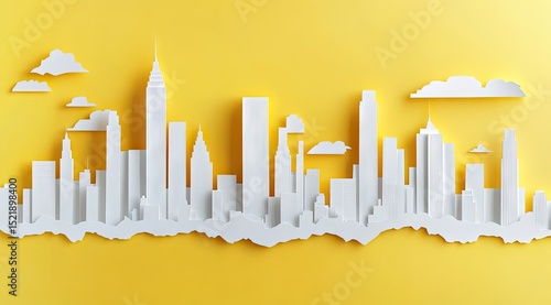 Paper cut cityscape, yellow backdrop