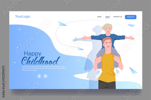 Father carrying happy son on shoulders with paper planes in background, flat cartoon style on white and blue gradient backdrop. Concept of joyful childhood. Vector illustration