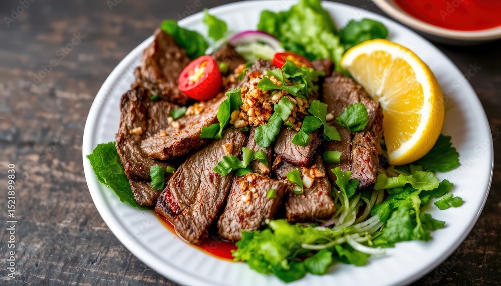 a delicious looking meal consisting of beef steak topped with garnish, served over a bed of salad greens on a dining table a delicious looking meal consisting of beef steak topped with garnish, served over a bed of salad greens on a dining table