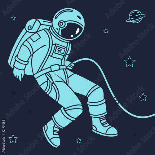 Stylized Astronaut Floating in Space with Stars and Planet Illustration