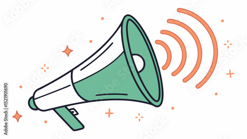 Stylized Green and White Megaphone Broadcasting Sound Waves with Decorative Elements