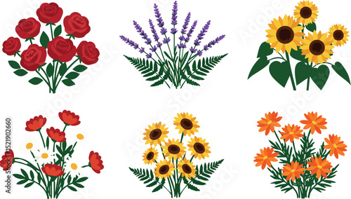 Various colorful flower bouquets with roses lavender sunflowers and marigolds vector illustration 