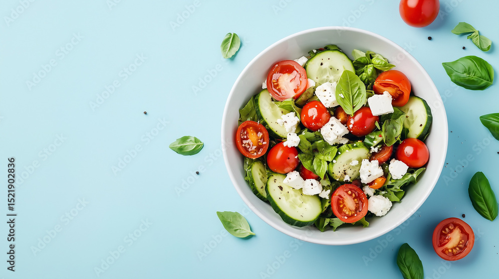 Fresh Salad with Cherry Tomatoes, Cucumber, and Feta on Pastel Blue Background – Side View
Fresh Salad with Cherry Tomatoes, Cucumber, and Feta on Pastel Blue Background – Side View