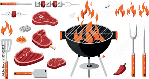 Barbecue grill with flaming fire and grilled meat pieces vector illustration 