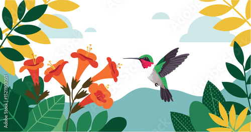 Hummingbird Feeding from Orange Flowers Surrounded by Green and Yellow Leaves in Nature Scene 