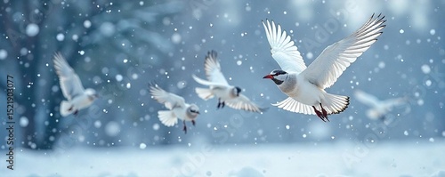 A flock of snowbirds takes flight amidst a blizzard, their wings beating against a backdrop of falling snow The scene is filled with the beauty and harshness of a winter wonderland , beauty, wildlife