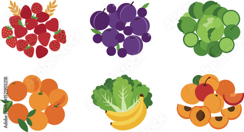Fresh colorful fruit bundles with grapes, strawberries, peaches, apricots, bananas, and apples vector illustration 
