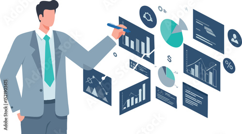 Businessman presenting data charts and graphs in digital interface for business analysis and strategy 