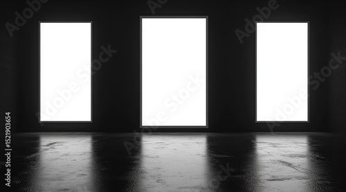 Dark room with three illuminated windows