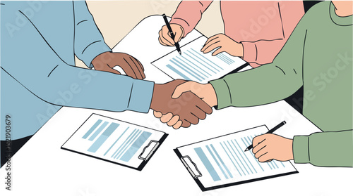 Business people shaking hands during contract signing illustration with paperwork and pens 