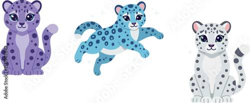 Cartoon style purple blue and white snow leopard cubs sitting and jumping vector illustration 