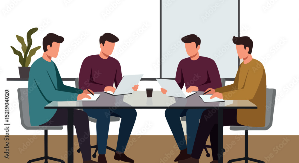 Group of men collaborating and working together at office desk with laptop and documents Group of men collaborating and working together at office desk with laptop and documents