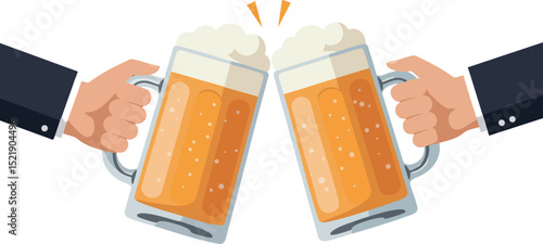 Beer mugs clinking hands cheers celebration vector illustration with foam bubbles 
