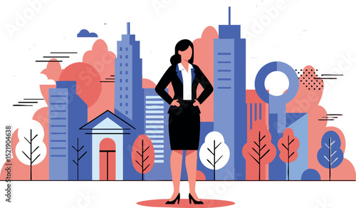 Businesswoman standing confident in cityscape background with blue and coral colors vector illustration 