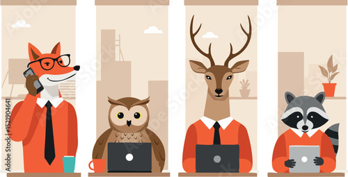 Business animals working with laptops and tablet in office vector illustration 