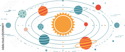 Solar System Planets Orbiting Around Sun Vector Illustration in Space Environment 
