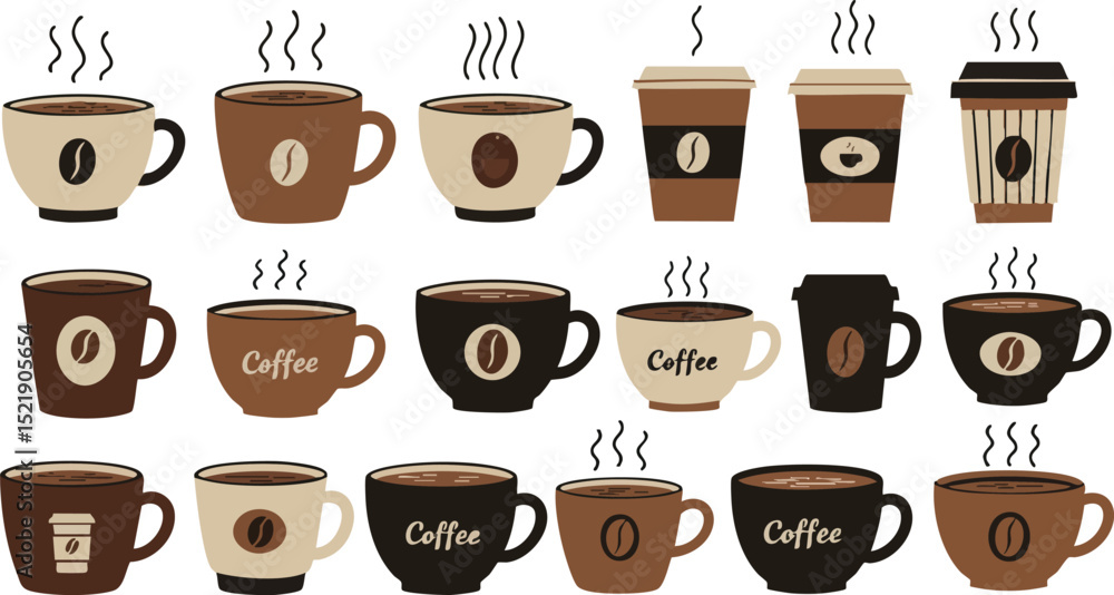 Obraz premium Coffee cups collection with various styles and steaming hot beverages vector illustration 