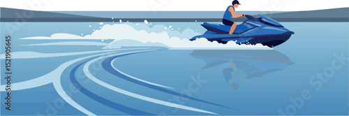 Jet Ski Rider on Calm Blue Water Creating Waves Vector Illustration 