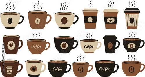Coffee cups collection with various styles and steaming hot beverages vector illustration 