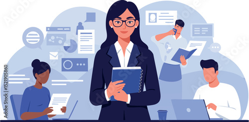 Businesswoman Leading Team Collaboration in Office Environment Vector Illustration 