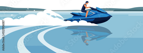 Jet Ski Rider on Calm Water Surface Creating White Wake Trails Vector Illustration 