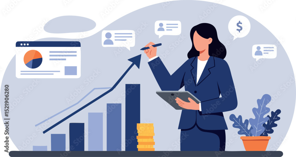 Fototapeta premium Businesswoman presenting financial growth chart with digital tablet and coins in office environment 