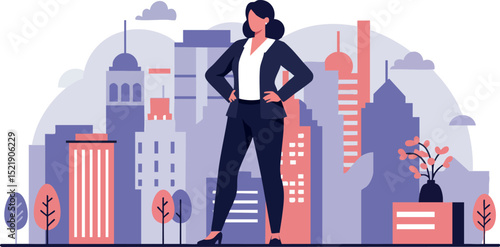 Confident businesswoman standing in urban cityscape with modern buildings and trees vector illustration 