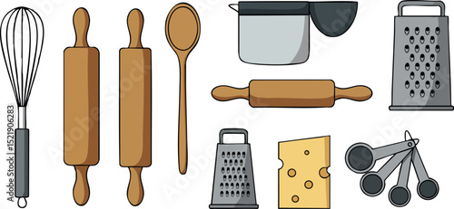 Kitchen utensils set with rolling pins, graters, whisk, wooden spoon, measuring spoons, cheese, and pot vector illustration 