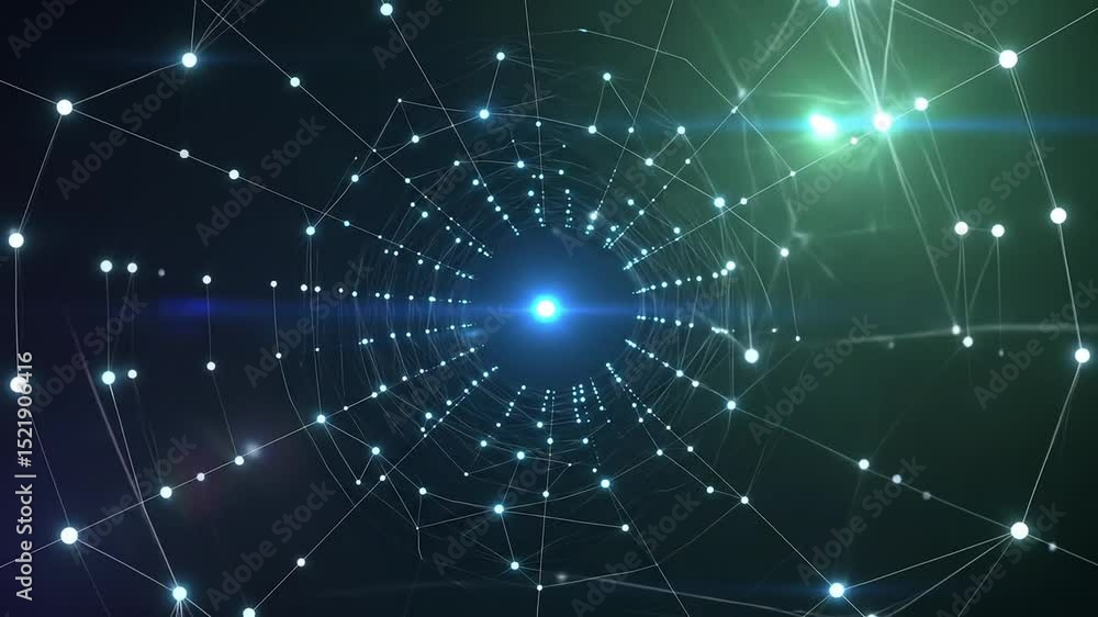 Futuristic technology network tunnel with glowing connections and blue lens flares Futuristic technology network tunnel with glowing connections and blue lens flares