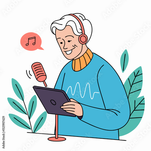 Podcast Recording Content Creator With Microphone And Tablet