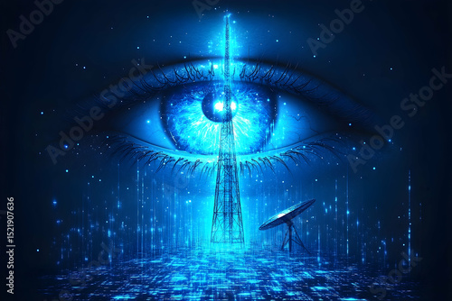 An eye beams light onto a tower, with a satellite dish on a circuit board style floor, all in blue hues