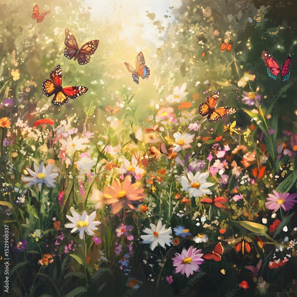 A vibrant, sun-drenched meadow is filled with colorful wildflowers as butterflies flutter and dance in the warm light of a summer afternoon scene that evokes joy. A vibrant, sun-drenched meadow is filled with colorful wildflowers as butterflies flutter and dance in the warm light of a summer afternoon scene that evokes joy.