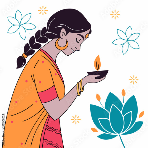 Diwali Celebration Indian Woman With Diya And Lotus