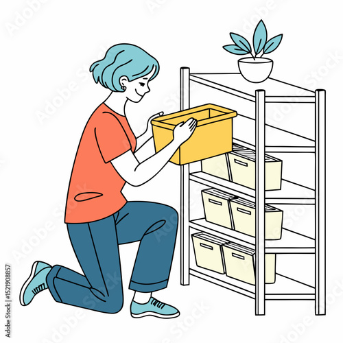Woman Organizing Shelves With Storage Bins